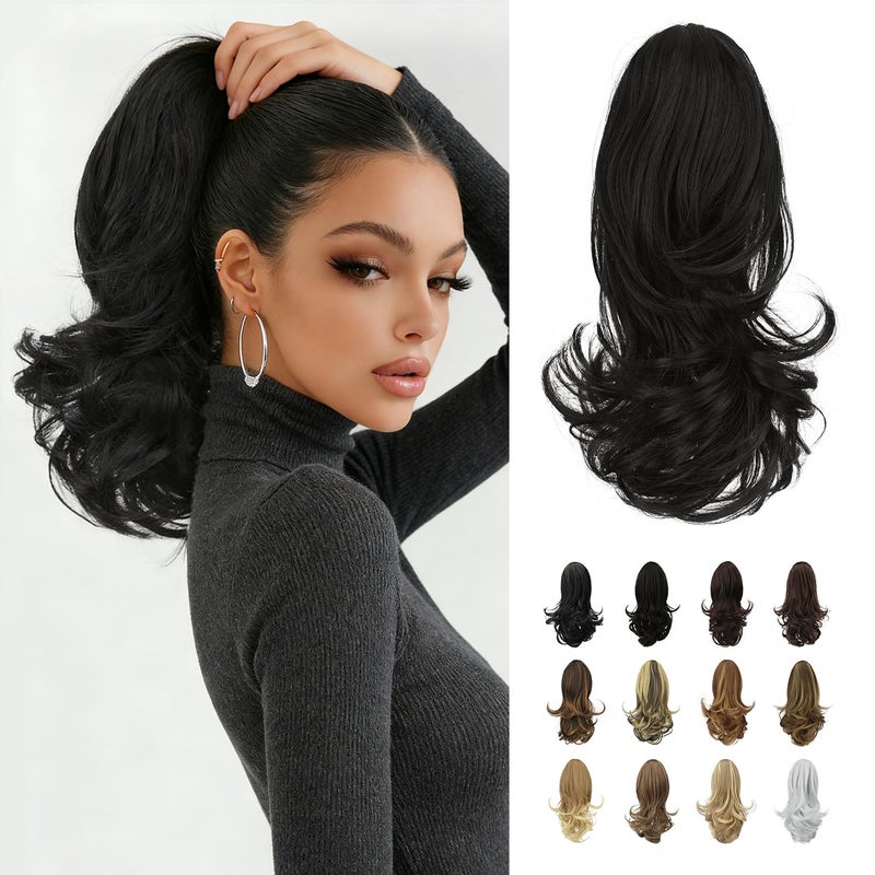 Sofeiyan 13" Ponytail Extension Long Curly Ponytail Clip in Claw Hair Extension Natural Looking Synthetic Hairpiece for Women, Natural Black - Image 1